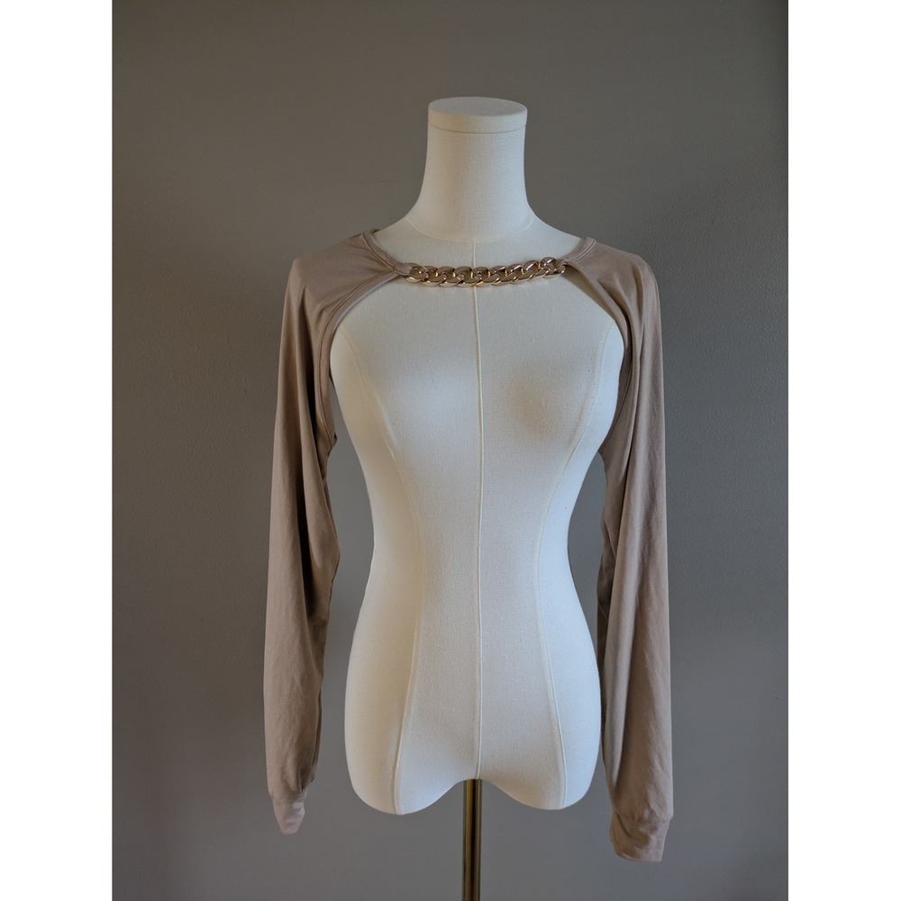 OMT Fashions Khaki Beige Chain Front Long Sleeve Shrug Large NWT
